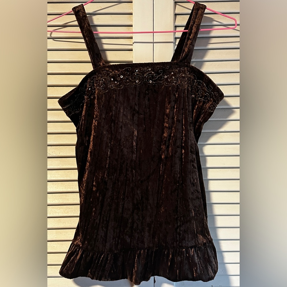 Weavers Girl Brown Velvet Strappy Tank Top Sequin Embroidery Girls L